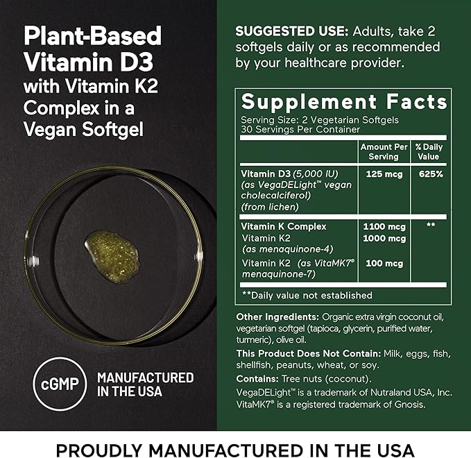 SMARTERNUTRITION Vitamine D3 végétalienne 5000 UI + Vitamine K2 naturelle 1100 mcg dans de l'huile de noix de coco et d'olive biologique - Complément D3 K2 pour le soutien immunitaire et osseux - 360 gélules molles [180 jours d'approvisionnement]