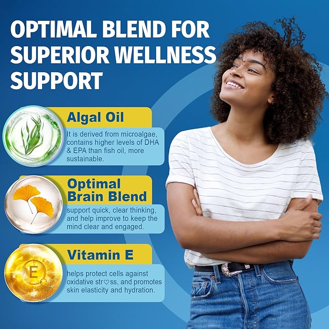 Vegan Omega 3 Supplement, Plant-Based Omega 3 DHA EPA w/Methylated B12, B6, B9, Vitamin E, Bacopa Monnieri, Ginkgo Biloba, 120cts Algae Oil Omega-3 Supplement for Brain, No Fish Taste, Non GMO, 1Pack