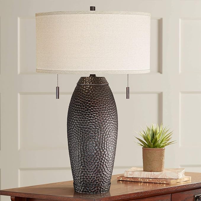 Franklin Iron Works Noah Rustic Farmhouse Table Lamp 31" Tall Bronze Brown Hammered Textured Oatmeal Fabric Drum Shade for Bedroom Living Room House Bedside Nightstand Home Office Entryway Family