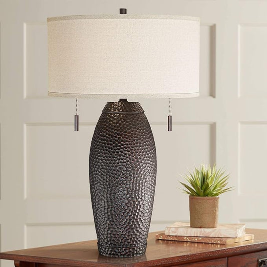 Franklin Iron Works Noah Rustic Farmhouse Table Lamp 31" Tall Bronze Brown Hammered Textured Oatmeal Fabric Drum Shade for Bedroom Living Room House Bedside Nightstand Home Office Entryway Family