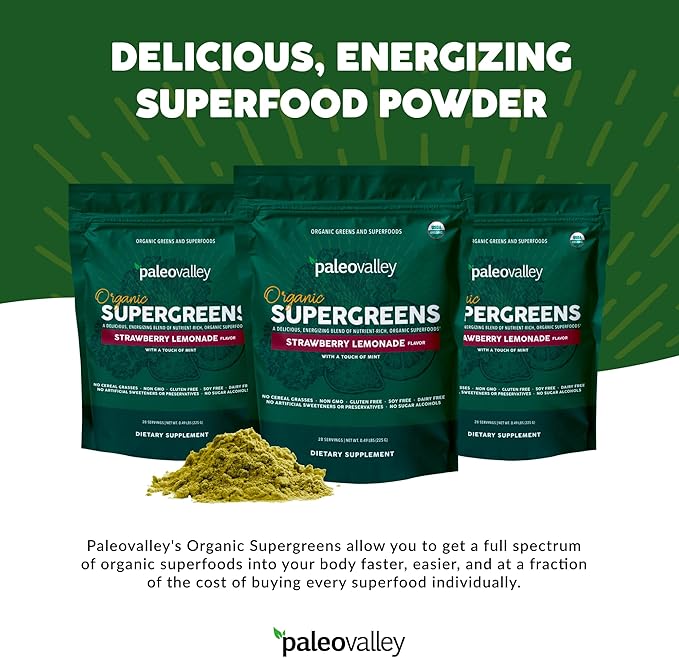 Paleovalley Organic Supergreens - Organic Greens Powder Superfood for Immune Support - Paleo Green Powder Blend - 28 Servings - 23 Superfoods - Gluten Free, No Cereal Grasses, Soy or Grain