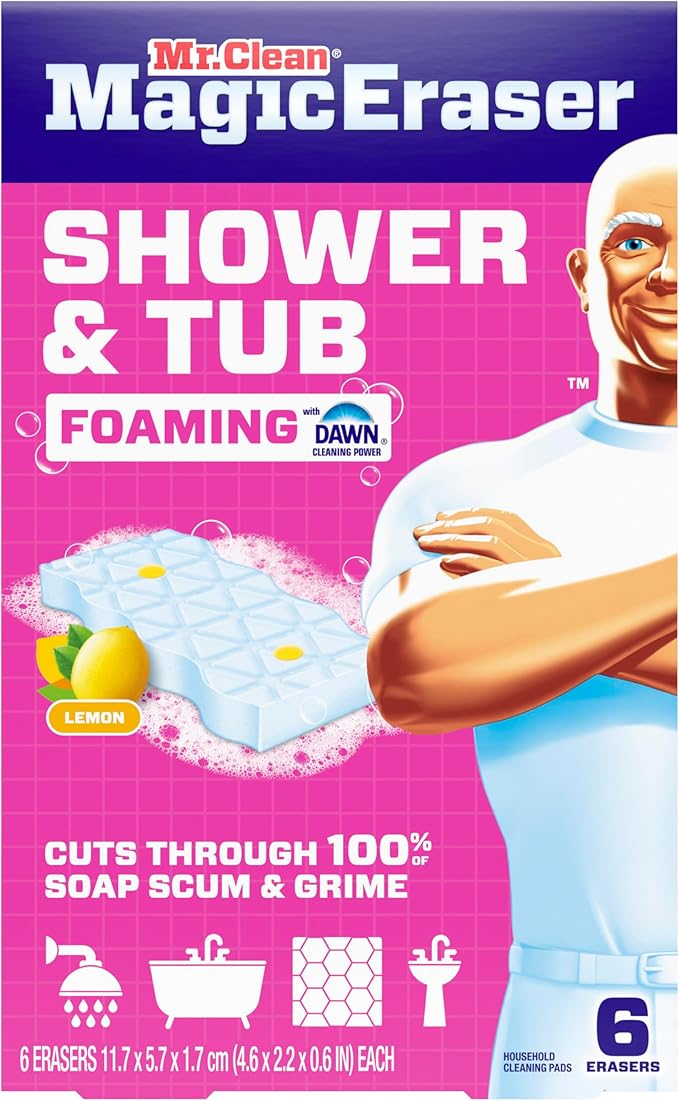 Éponge magique effaceur de taches Mr. Clean, nettoyant pour salle de bain, douche, baignoire, éliminateur de résidus de savon, fournitures de nettoyage de salle de bain, puissance de nettoyage Dawn avec parfum de citron, douche et baignoire, 6 unités