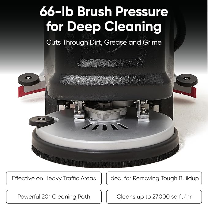 Battery Powered Walk-Behind Floor Scrubber Polisher Machine, 20" Cleaning Path, 14.5/17 Gal Tanks, Brush Speed 200RPM, 4Hr Runtime, Includes 2 Brushes & 3 Scouring Pads – 2-Year Warranty