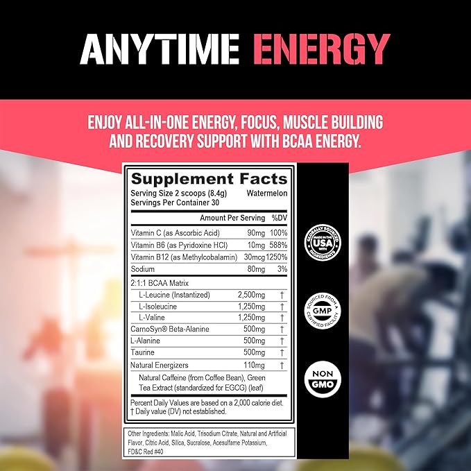 Evlution EVL BCAAs Amino Acids Powder - BCAA Energy Pre Workout Powder for Muscle Recovery Lean Growth and Endurance - Rehydrating Post Workout Recovery Drink with Natural Caffeine - Watermelon