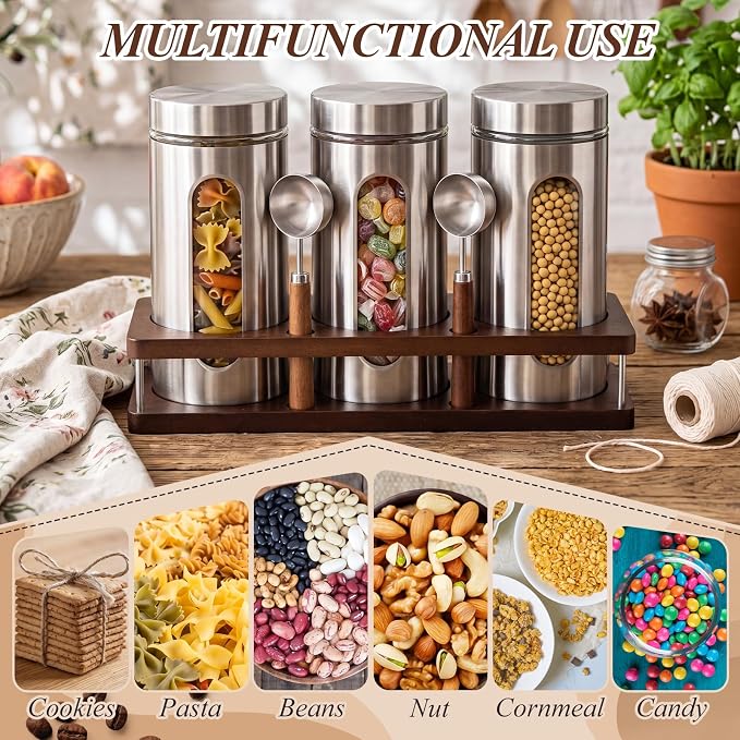 Suclain Stainless Steel Coffee Grounds Canisters with Shelf 3 x 50oz Sugar Coffee Bean Storage Container Airtight Threaded Lid Glass Window Scoop Kitchen Jar Set(Upgrade Style, 15.35 x 5 x 2.76'')