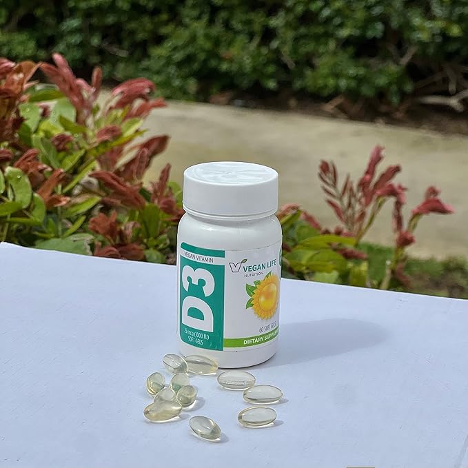 Vegan Life Nutrition - ビタミンD3カプセル（大人用、1000IU） - グルテンフリー、非遺伝子組み換え、骨の健康と免疫システムをサポート - 60カプセル