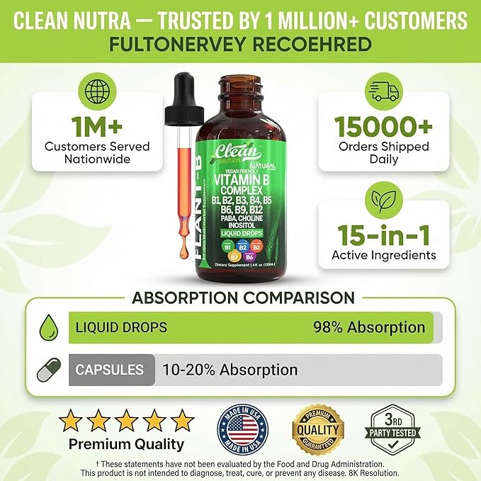 Complexe de Vitamines B Liquide | Thiamine B1, B6, B2, B3, B4, B5, B7, B9, B12, Niacinamide, Paba, Choline Inositol Taurine Probiotiques Racine de Betterave Spiruline - Compléments Alimentaires de Vitamines B Végétales par Clean Nutra