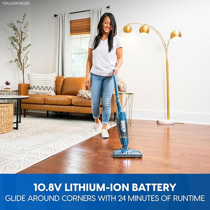 Vacmaster Portable 10.8V 2-in-1 Cordless Stick Lightweight Vacuum Cleaner with 2-Speed Power Control and LED Headlight for Hardwood Floor, Carpet & Pet Hair, Blue