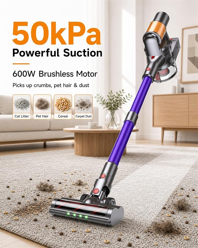 Cordless Vacuum Cleaner, 2 Batteries 120 Mins Runtime, 600W 50KPA Stick Vacuum with Self-Standing, Tangle-Free Brush, LED Display, Vacuum Cleaner for Home Hardwood Floor, Carpet, Pet Hair