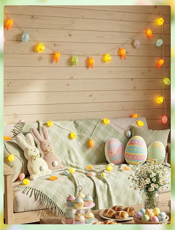 GOOTHY 8.5Ft Outdoor Easter Cracked Egg Chicken and Carrot String Lights Plug in, Hanging Easter Decorations Pastel Lights for Indoor Outdoor Spring Themed Party Patio Garden Birthday Home Decor