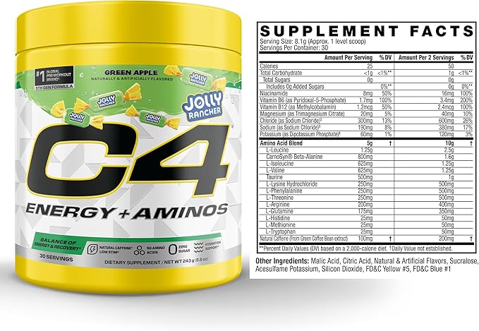 C4 Energy + Aminos Powder Jolly Rancher Green Apple, 5g BCAAs & EAAs for Muscle Recovery, 3 Electrolytes for Hydration, 100mg Natural Caffeine, Pre Workout, Zero Sugar, 30 Servings