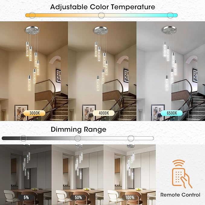 Pendant Lights Kitchen Island, 3000K-6500K Modern Kitchen Island Lights, Ceiling Lighting Fixtures with Crystal Bubble, 3 Color Integrated LED Hanging Light Brushed Nickel 1 Pack(6-Light)