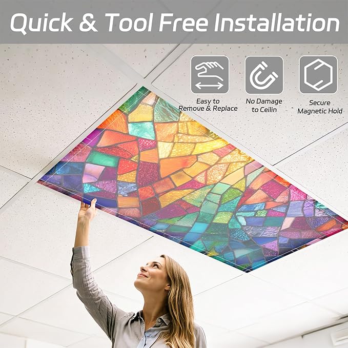 4 Pack 2x4 FT Magnetic Fluorescent Light Covers, Ceiling Light Filters for Classroom Office Home Hospital, Easy Install Decorative Drop Ceiling Panels