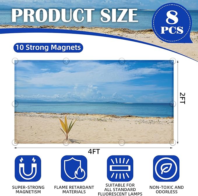 ANGSYLTH 8 Pcs Fluorescent Light Covers - 4 x 2 Feet Covers for Ceiling Lights, 8 x 10 Magnetic Light Filters for Classroom, Office, Hospitals (Summer - Beach)