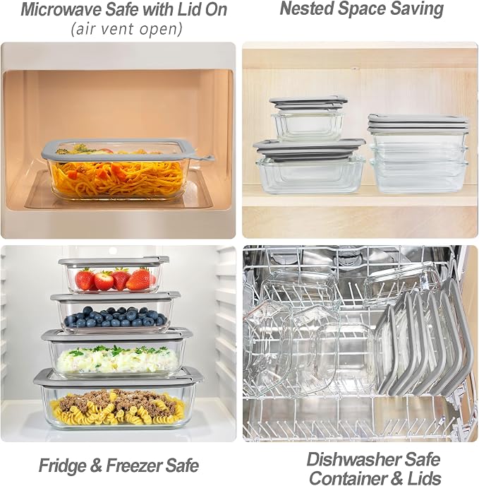 Glass Food Containers with Glass Lid, Microwave Safe Food Storage Container Set, 4 Pack of 35oz, Large Size Airtight Storage Set with Leak Proof Lids, Meal Prep Containers