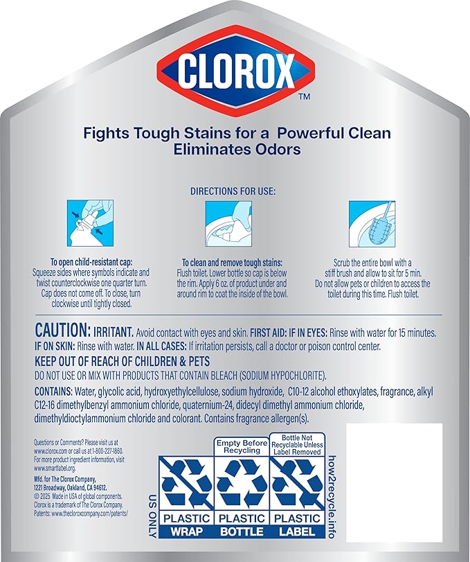 Nettoyant pour cuvette de toilettes Clorox, détachant puissant et anti-calcaire, parfum Arctic Clean, 710 ml, lot de 2