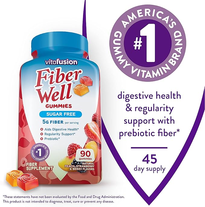 Vitafusion Fibres Bien Sans Sucre, Complément de Fibres et Vitamine D3, Gélifiés pour le Soutien des Os et du Système Immunitaire, Arômes Pêche, Mûre et Fraise, 50 mcg de Vitamine D, 75 Jours d'Approvisionnement, 150 Gélifiés