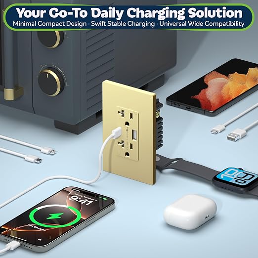 TOPGREENER USB Outlets, 4.2A Type A & Type C USB Wall Outlet, 20 Amp Tamper-Resistant USB Outlets Receptacles, Wall Plate Included, UL Listed, TU22036AC-GDWSI, Gold