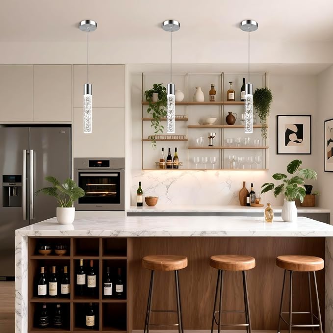 Pendant Lights Kitchen Island, 6500K Modern Kitchen Island Lights Brushed Nickel, 1 Pack Ceiling Lighting Fixtures with Crystal Bubble, Integrated LED Hanging Light for Dining Room Restaurant