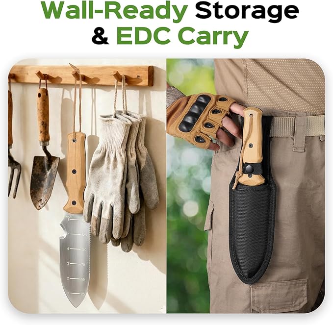 Garden Tools Trowel with EDC Sheath for Weeding Digging Planting, Gifts for Women Mom Her, Gardening Tools with 7" Stainless Steel Blade, Dual-Scale Measurement,Hanging Hole, Gifts for Men Dad Him