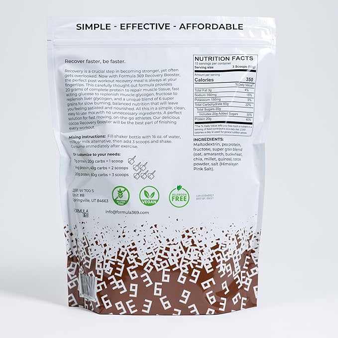 Recovery Booster – Vegan High Protein Recovery Mix – Post-Exercise Shake with 20g Protein & 60g Carbs – 3:1 Carb-to-Protein Ratio – 3 lb – Gluten & Allergen Free – Cocoa Flavor