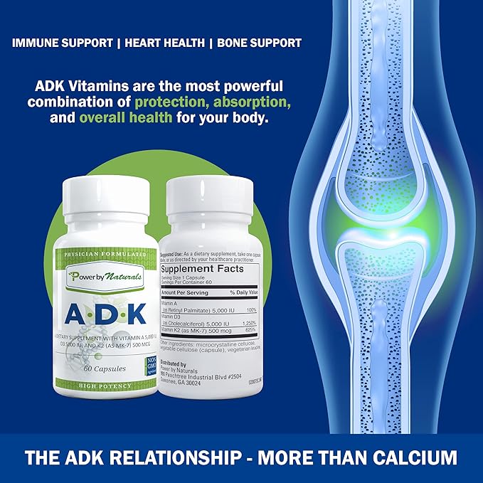Power By Naturals Complément de Vitamines ADK – Mélange Hautement Dosé de Vitamines A, D3 5000 UI et K2 MK7 pour la Santé Osseuse – Complément de Vitamines A D K – 60 Gélules (2 Mois d'Approvisionnement)