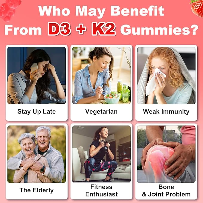 Sugar Free Vitamin D3 K2 Gummies - Vitamin D Gummies with VD3 10000IU, VK2 200MCG, 7 Essential Vitamins - Supports Bone, Muscle, Teeth & Immune - Vegan, Non-GMO, Strawberry Flavor, 120 Count