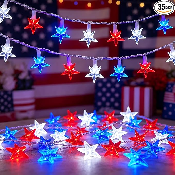 13.6Ft Red White and Blue Star String Lights, 35 LED Patriotic Lights for Flag Day 4th of July Decorations, Waterproof Plug in Fairy Lights for Indoor Outdoor Fence Backyard Patio Independence Day