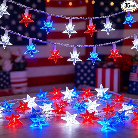 13.6Ft Red White and Blue Star String Lights, 35 LED Patriotic Lights for Flag Day 4th of July Decorations, Waterproof Plug in Fairy Lights for Indoor Outdoor Fence Backyard Patio Independence Day