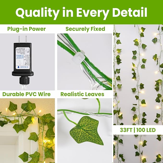 KASZOO 33FT 100 LED Ivy Vine Lights - PVC Plug in Leaf String Lights with Remote & Timer, Pre-Wrapped Garland for Bedroom Wall Garden Decor