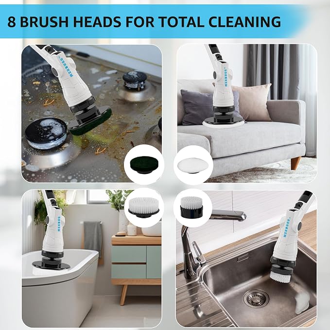 Electric Spin Scrubber, 3-Speed 6 Adjustable Head Power Scrubber for Cleaning Bathroom, 8 Brush Heads & 54" Long Handle, Cordless Scrubber with LCD Display Shower Scrubber for Grout Tile Floor Tub Car