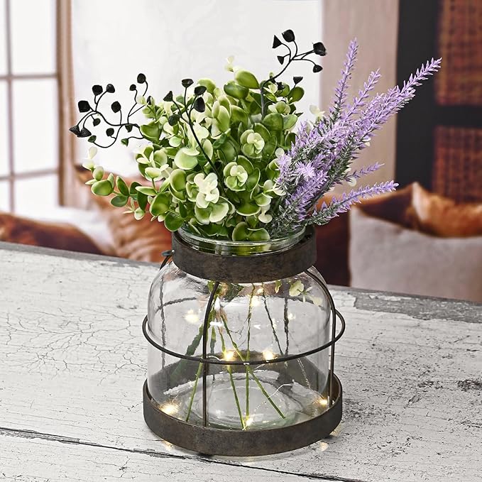 Vintage Glass Farmhouse Vase, Rustic Lantern Decor with Plants Lavenders Lights Vintage Style Vase for Home Decor Floral Arrangement Housewarming Hostess Gift