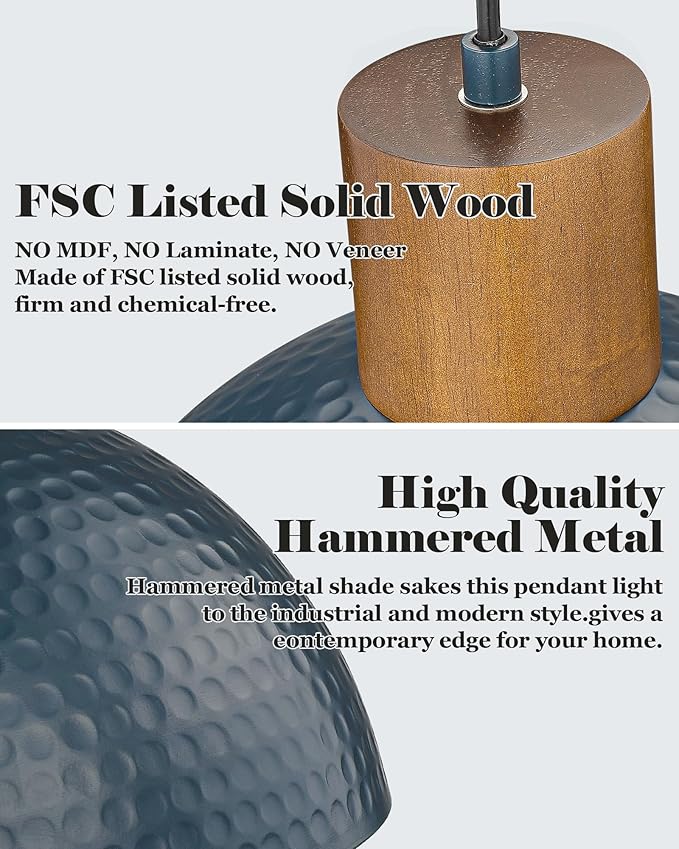ELYONA Industrial Pendant Light 12" Hammered Metal Dome Hanging Lamp Solid Wood Pendant Light Fixtures for Kitchen Island, Farmhouse, Dining Room, Sink, Bedroom, Hallway, Modern Blue