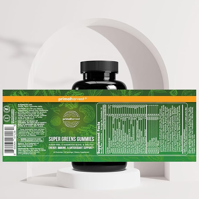 Gummies Super Greens Primal Harvest, mélange de superaliments aux champignons adaptogènes, vitamines et minéraux riches en nutriments et antioxydants pour l'énergie et le soutien immunitaire, 1 paquet de 60 unités.