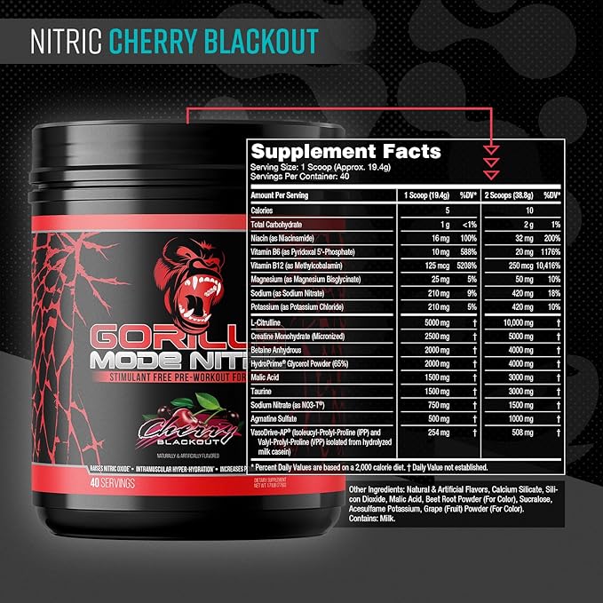 Gorilla Mode Nitric アップグレード版 ノンカフェインプレワークアウト – 最高の味と効果のカフェインフリープレワークアウト／パンプ感・血管拡張・パワーを増強／776g（チェリーブラックアウト）