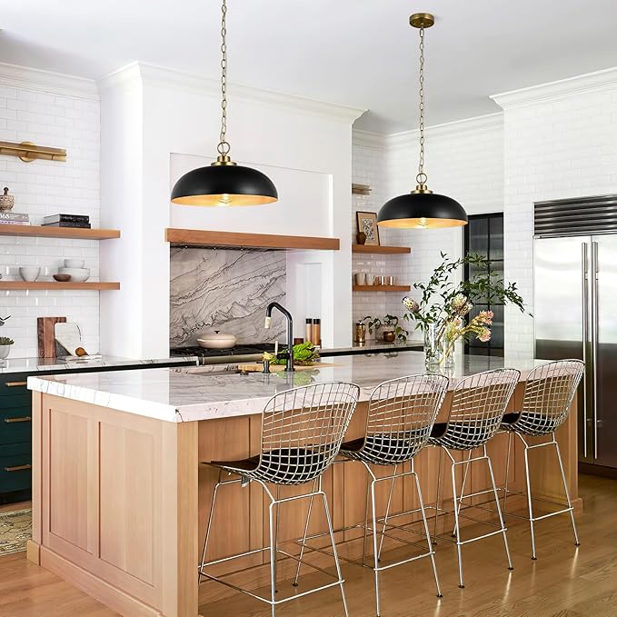 15.7" Pendant Light Fixtures, Farmhouse Pendant Lights Kitchen Island, Black Hanging Ceiling Light for Kitchen Island Dining Room