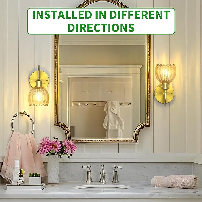 Wall Sconces Lights Lamp for Bedroom Bathroom, Modern Vanity Light Fixtures, Wall Mount Lighting Vintage Tulip Amber Glass Shade for Living Room Mirror Hallway Kitchen