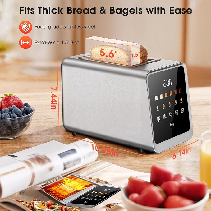 Smart Toaster 2 Slice with Touchscreen, 900W Stainless Steel Wide Slot 1.5 Inch, BreadID Tech Live Countdown Timer, Memory Function, Defrost Reheat for Bagel Waffle Bread, Kitchen Essentials