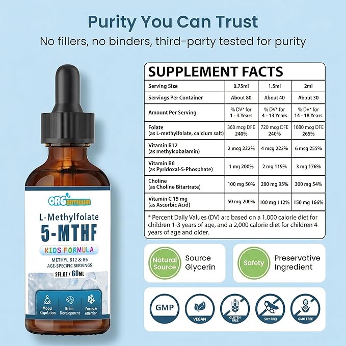 Kids L-Methylfolate B12 Drops 5-MTHF, Active Methylated B9 & B12 Supplement for Children, Supports Cognitive Brain Focus, Mood & Energy - Bioavailable Liquid Formula - Natural Flavor