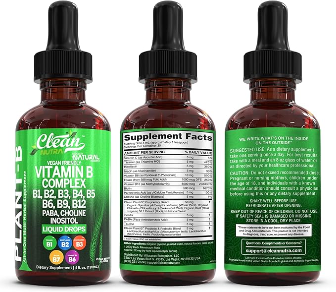 Complexe de Vitamines B Liquide | Thiamine B1, B6, B2, B3, B4, B5, B7, B9, B12, Niacinamide, Paba, Choline Inositol Taurine Probiotiques Racine de Betterave Spiruline - Compléments Alimentaires de Vitamines B Végétales par Clean Nutra