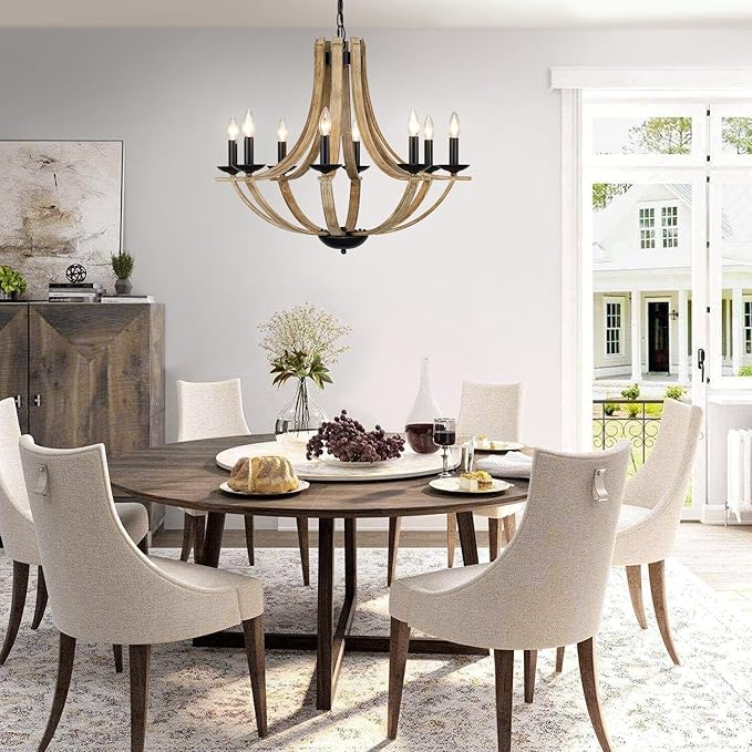 LAMPKEDUO Farmhouse Chandeliers for Dining Room Light Fixture, 8-Light 28" Adjustable Height Retro Faux Wood Texture Rustic Light Fixtures for Living Room Bedroom Kitchen Island Foyer Entryway