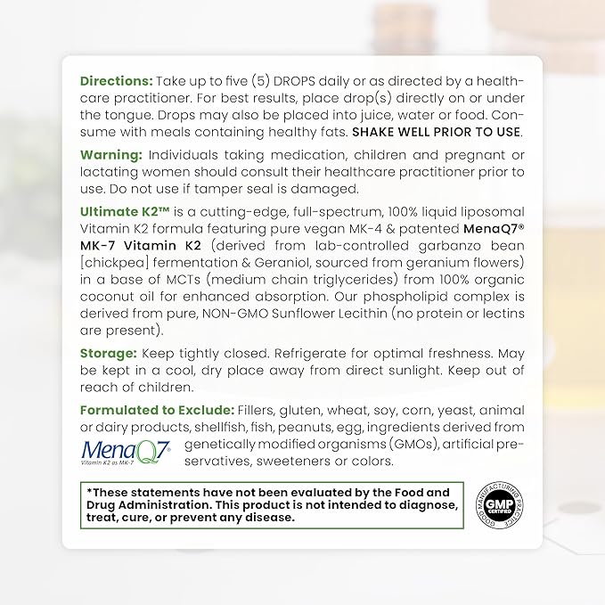 Pure Therapro Rx Ultimate K2 Supplément | Gouttes liquides liposomales de Vitamine K2 | 180 doses | 600mcg de K2 végétalienne sous forme de MK4 et MenaQ7 MK7 | Soutient la santé des os, la santé cardiaque, la peau et les cheveux | 20 mL