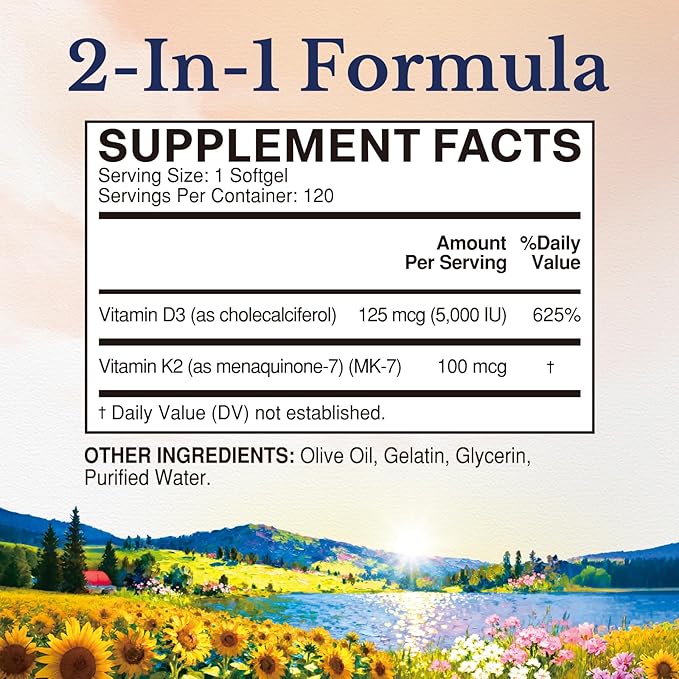 Complément Vitamine D3 K2 Vitalitown, D3 5000 UI, Vitamine K2 MK-7 100 mcg, Sans OGM, Sans Gluten ni Soja, pour la Santé des Os, des Dents, du Système Immunitaire et Cardiaque, 120 Gélules Molles