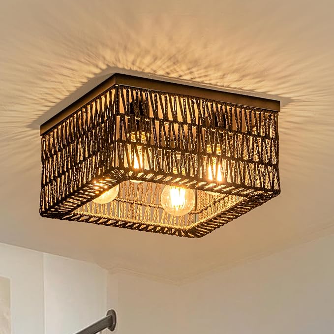 Rpzloila Black Rattan Ceiling Light, 4-Light Boho Light Fixture, Square Flush Mount Ceiling Light for Bedroom, Hallway, Entryway, Kitchen, Living Room