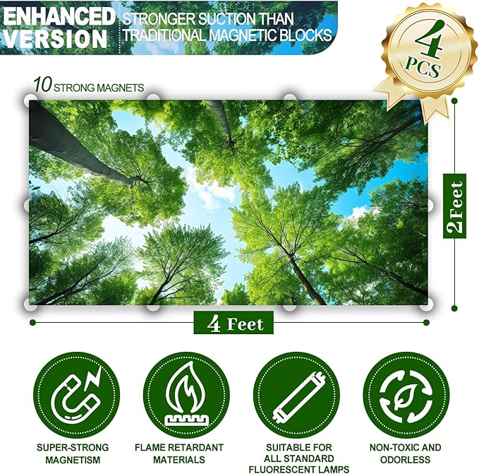 Aheroi Flourescent Light Covers, 4 Pcs 4 x 2 FT Magnetic Light Covers for Ceiling, Classroom Light Cover Ceiling Light Filters, Florescent Office Decor Fixture Replacement Globes & Shades(Forest)