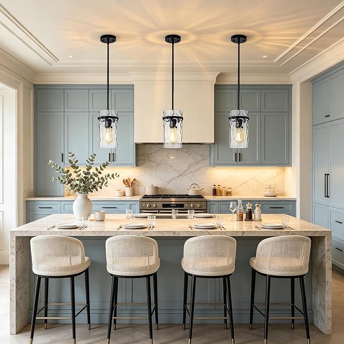 2 Pack 5.5" Black Hammered Hand-Blown Glass Pendant Light Farmhouse Black Pendant Light, Hammered Glass Light Pendant for Dining Room Light Adjustable Pendant Lighting Over Sink