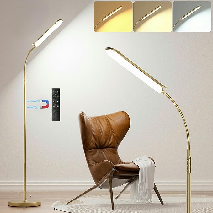 Yikuneng Dimmable LED Floor Lamp, Super Bright Reading Lamps Floor Standing lamp with Remote & Touch Control, Stepless Dimming & 2700K-6500K Color Temperature, for Living Room Bedroom Office, Gold