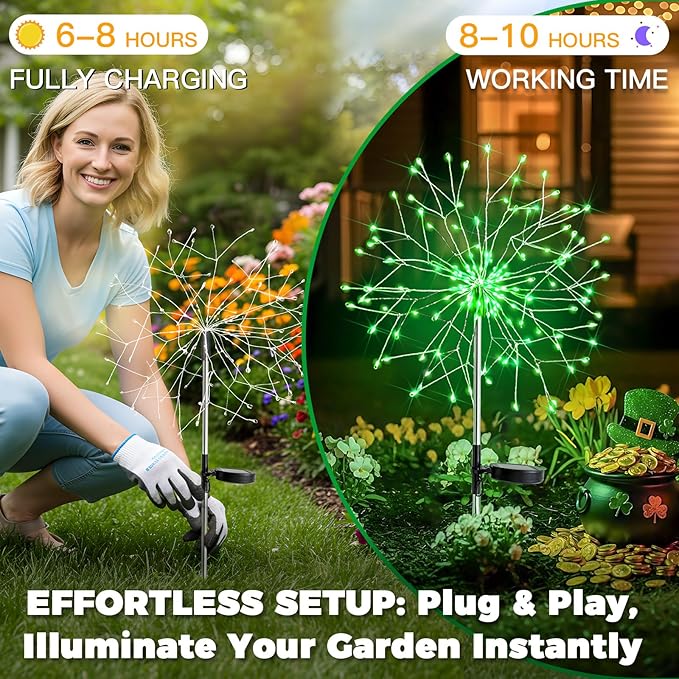 suddus Solar Garden Lights Outdoor - 150 LED Green Firework Lights Waterproof with 8 Modes, Solar Stake Lights Decorations for Outside Yard Pathway Flower Bed Halloween Decor (2 Pack)
