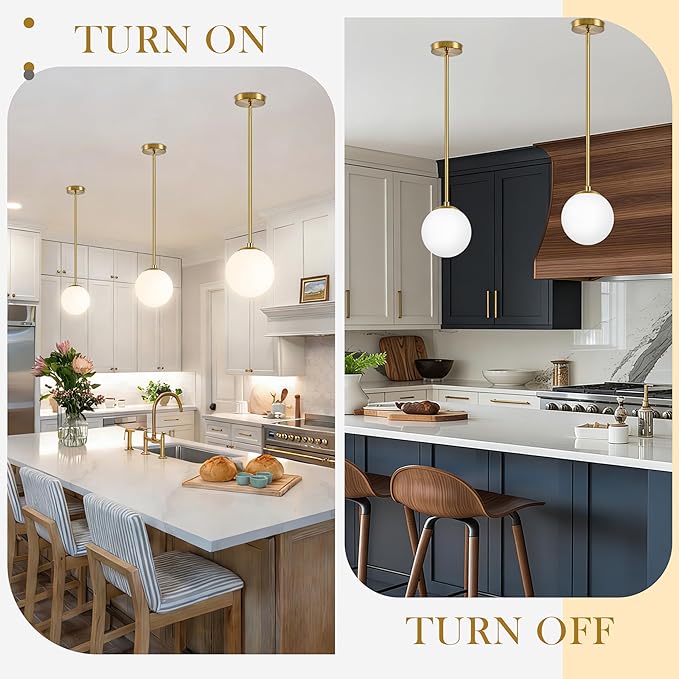 Bagood 6" Globe Pendant Light Gold 2 Pack Mid Century Pendant Light Globe Pendant Lights Kitchen Island Brushed Brass Finished with Milk Glass Adjustable Ceiling Light Fixtures for Dining Room Bar