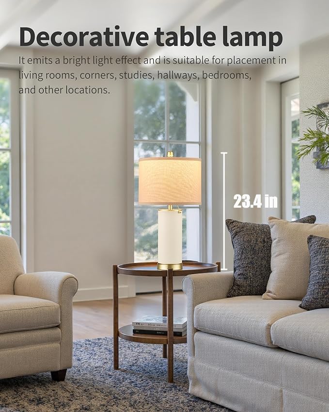 KDG 23.4" White PU Leather Table Lamps for Living Room Set of 2, E26 Socket LED Modern Home Decor Fabric Lampshade Desk Lamp Lighitng for Bedroom, Bedside, Farmhouse, Nightstand, Night Light
